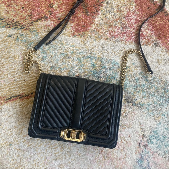 Rebecca Minkoff Chevron Quilted Small Black Crossbody with Gold Chain - Picture 4 of 6